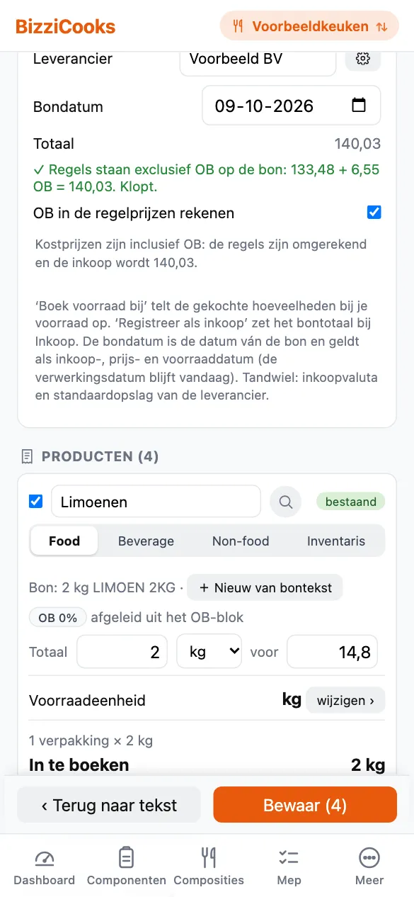 BizziCooks receipt scan on a phone: the lines add up to the receipt total including tax, with the tax rate shown per line.